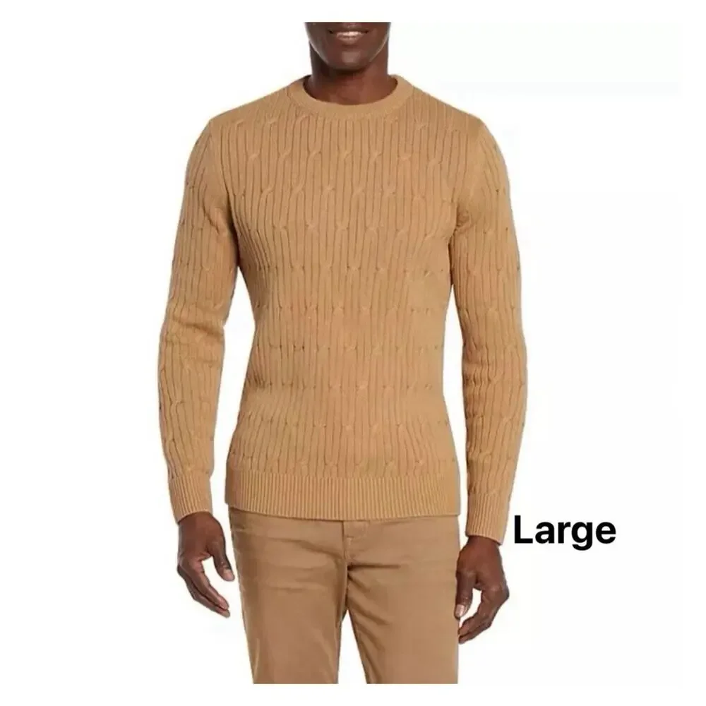 Express‎ Men's Braided Cable Knit Sweater Long Sleeves Crew Neck Pecan Color, L